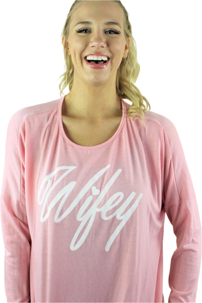 Women's Long Sleeve "Wifey" Top with Tassel Hem