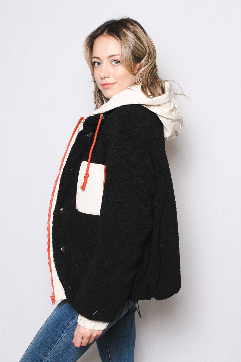 Women's Mixed Media Sherpa Boucle Hooded Oversized Jacket