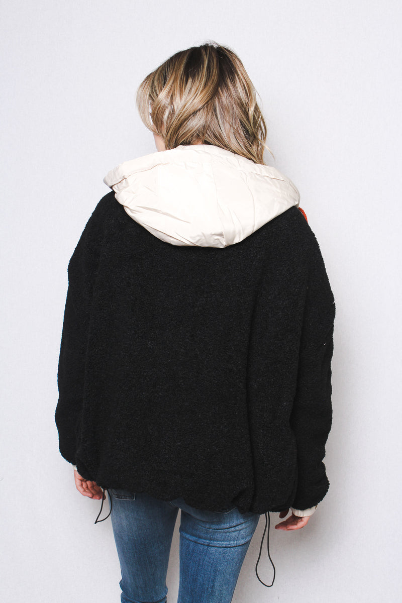 Women's Mixed Media Sherpa Boucle Hooded Oversized Jacket