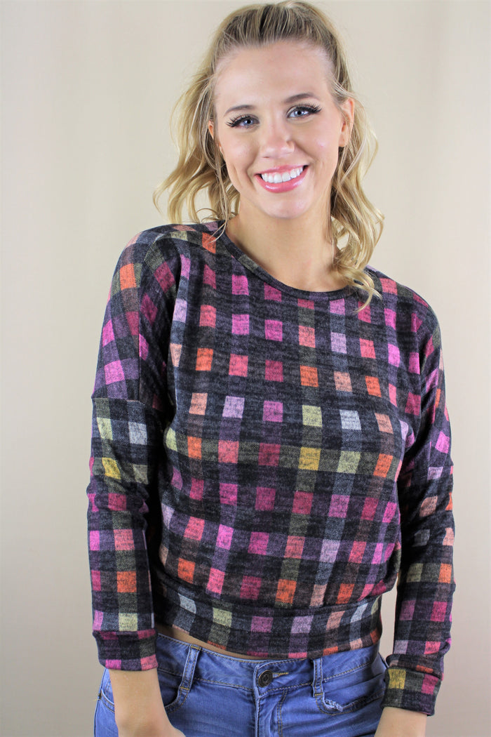 Women's Long Sleeve Checkered Crop Top
