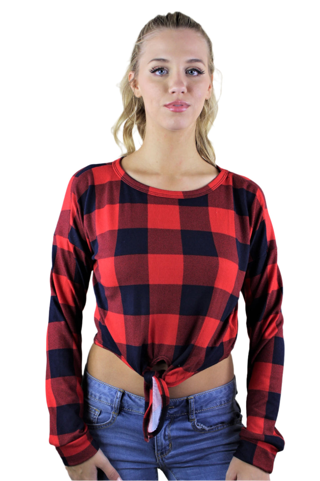 Women's Long Sleeve Plaid Crop Top