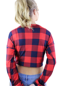 Women's Long Sleeve Plaid Crop Top