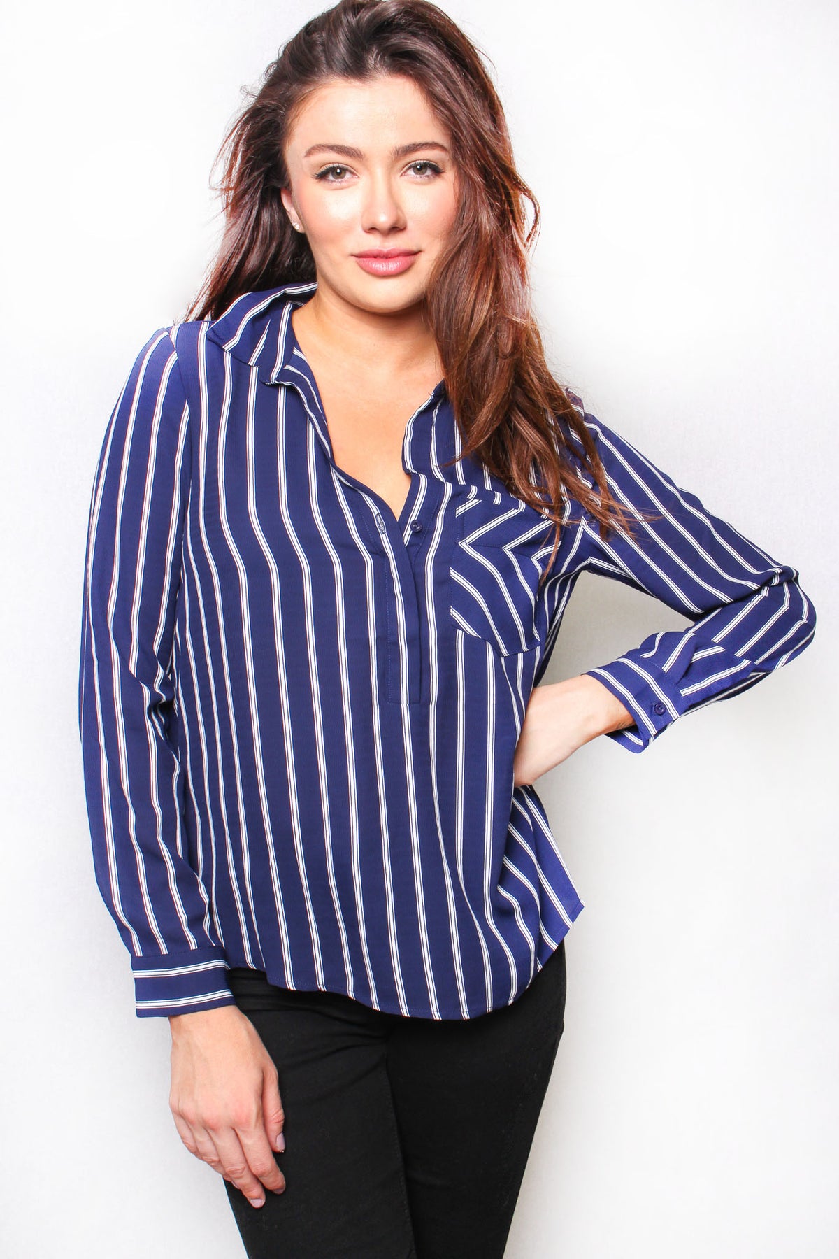 Women's Long Sleeve Striped Button Down Pocket Top