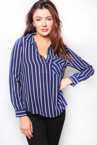 Women's Long Sleeve Striped Button Down Pocket Top