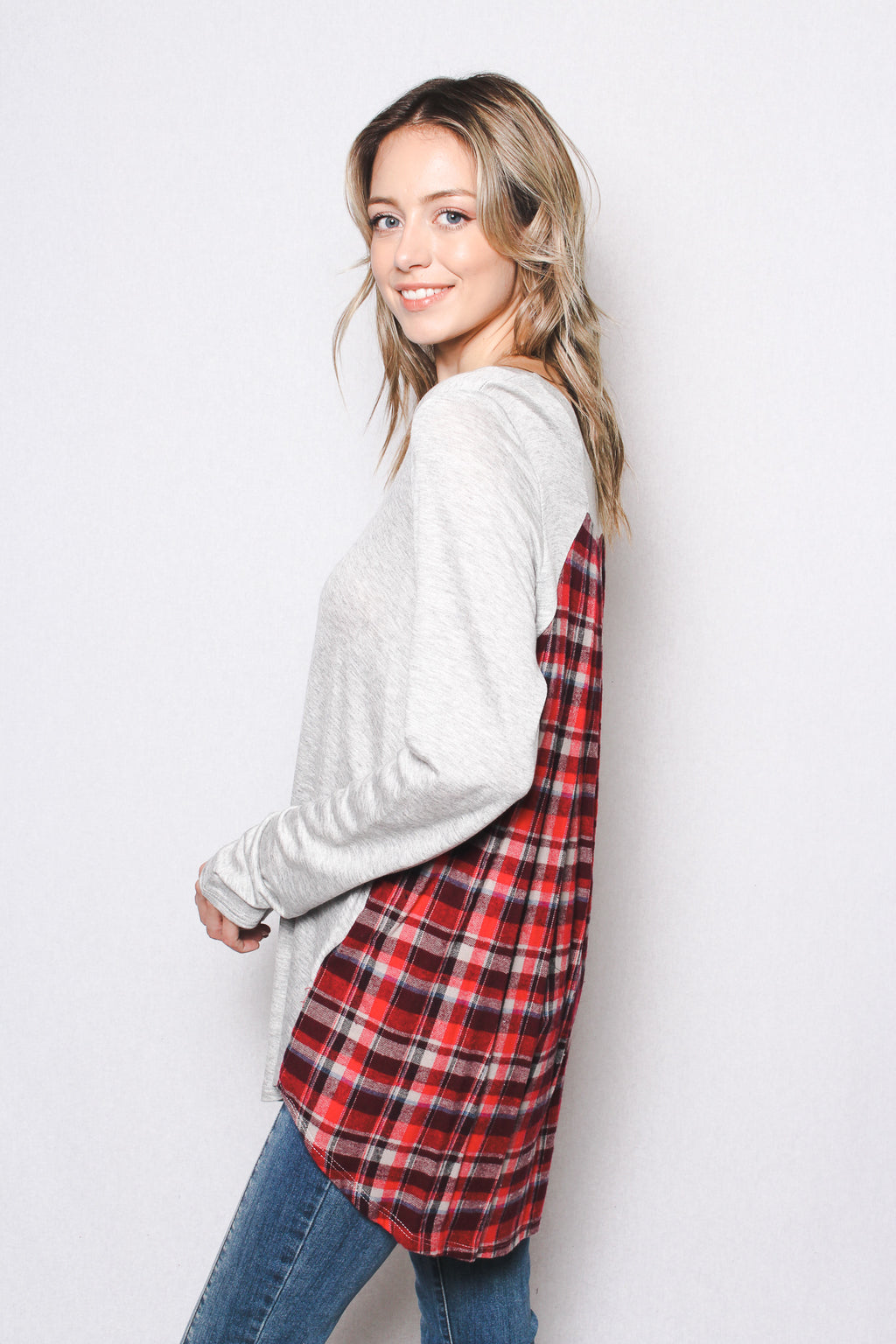 Women's Long Sleeve Crew Neck French Terry Peplum Top w/ Back Plaid Print