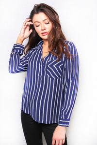 Women's Long Sleeve Striped Button Down Pocket Top