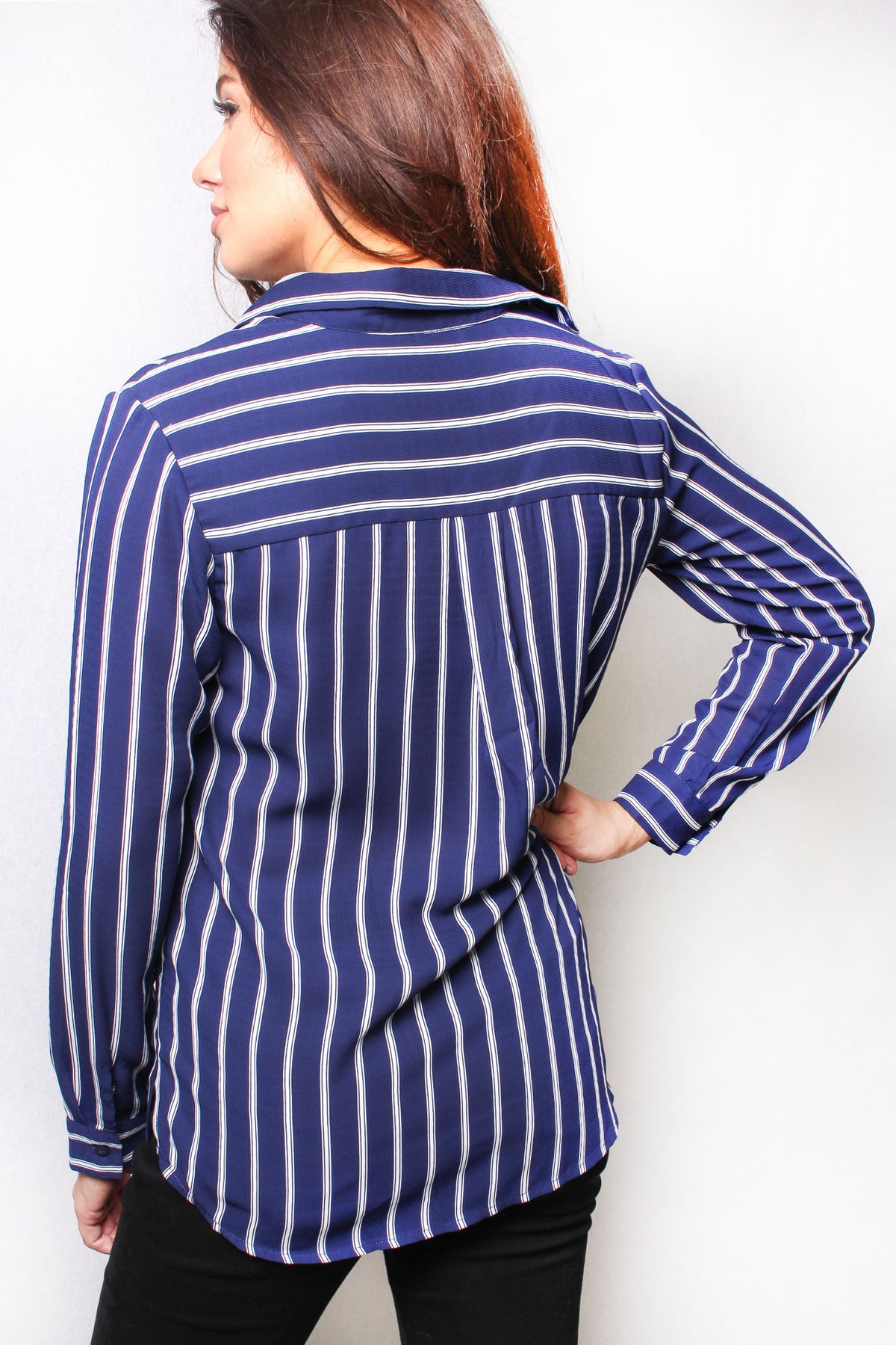 Women's Long Sleeve Striped Button Down Pocket Top
