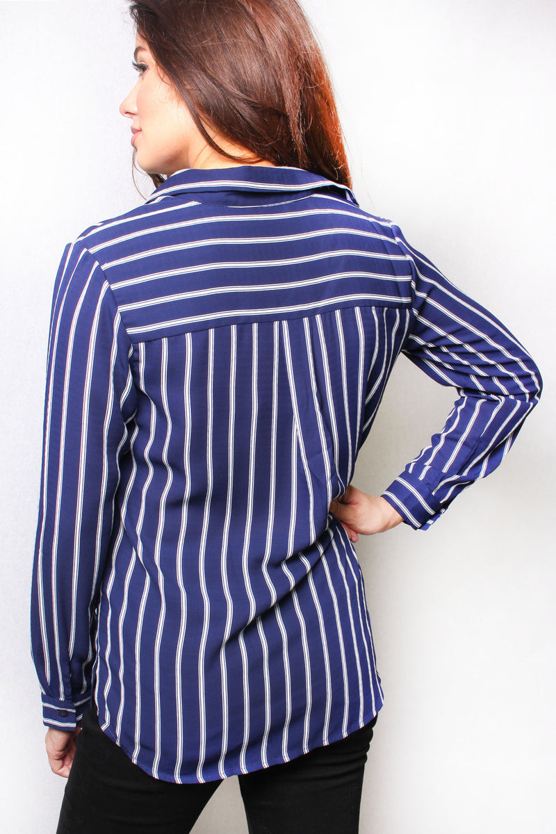 Women's Long Sleeve Striped Button Down Pocket Top