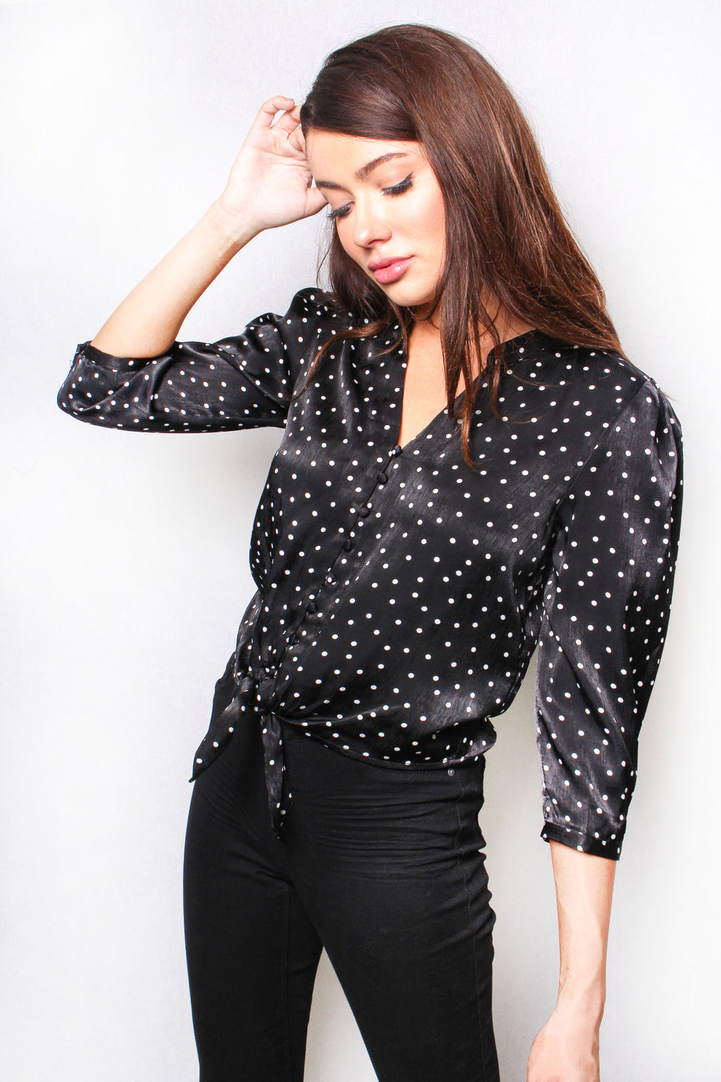 Women's Long Sleeve Polka Dot Button Down Tie Front Top