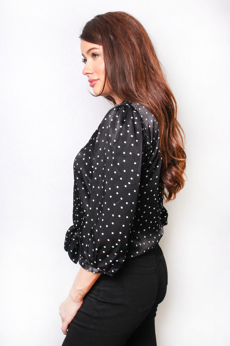 Women's Long Sleeve Polka Dot Button Down Tie Front Top