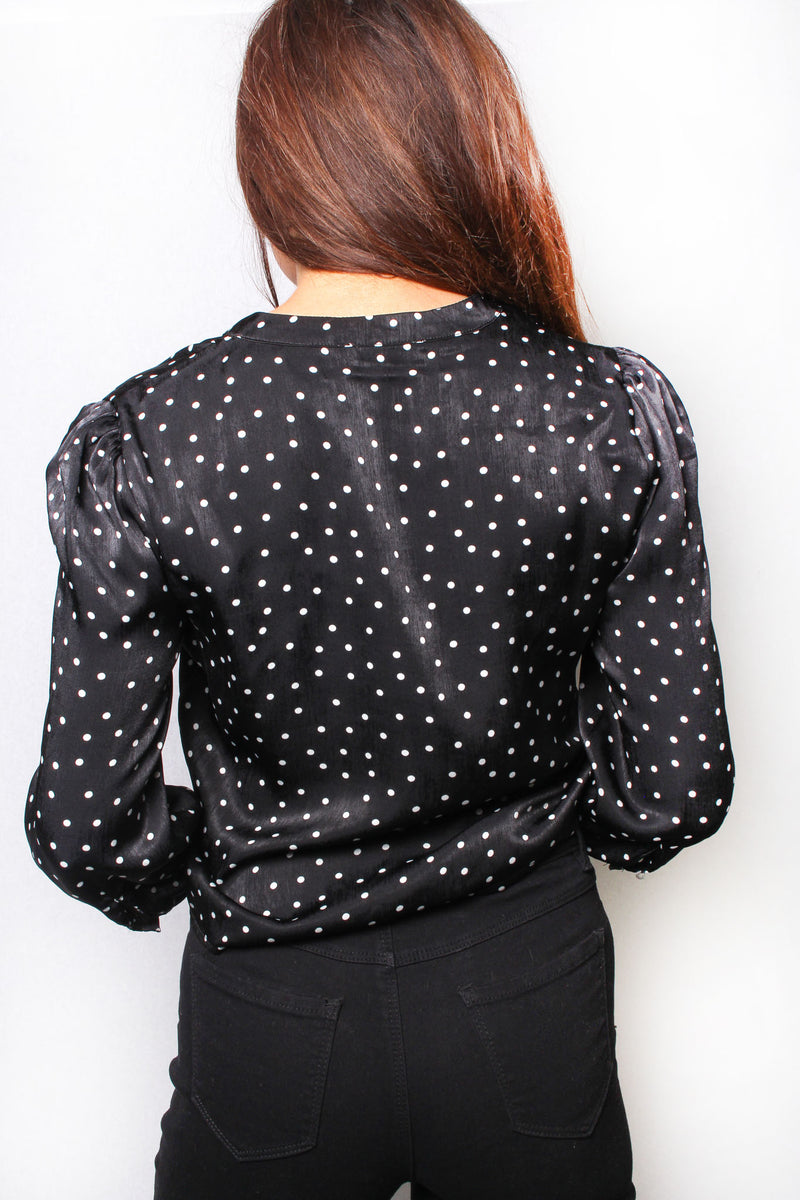 Women's Long Sleeve Polka Dot Button Down Tie Front Top