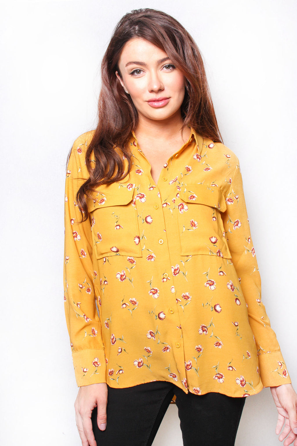 Women's Long Sleeve Floral Button Down Pocket Top