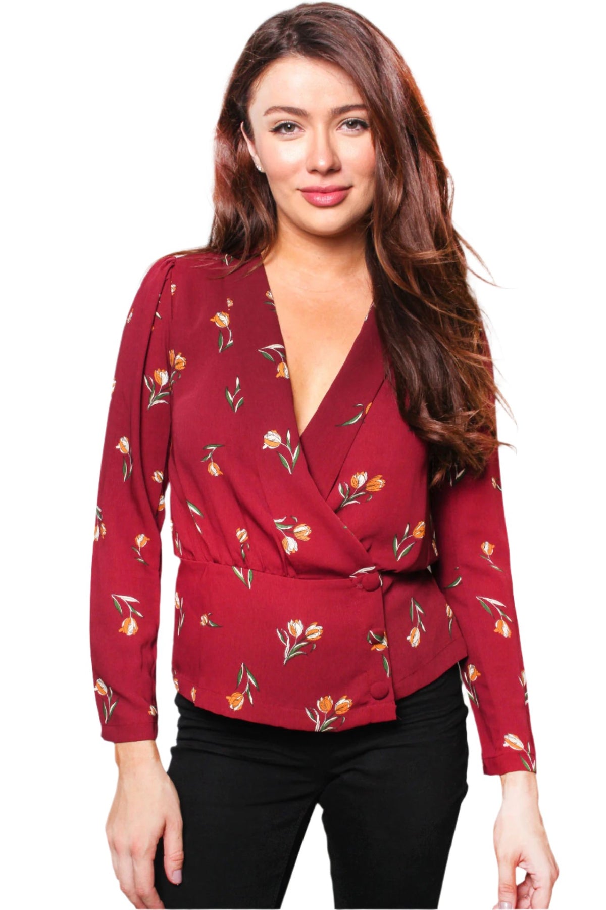 Women's Long Sleeve Floral Print Button Embellished Top