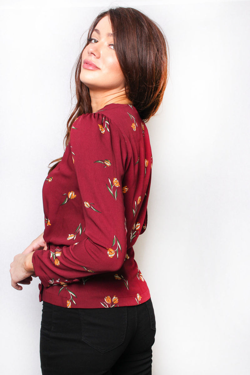 Women's Long Sleeve Floral Print Button Embellished Top
