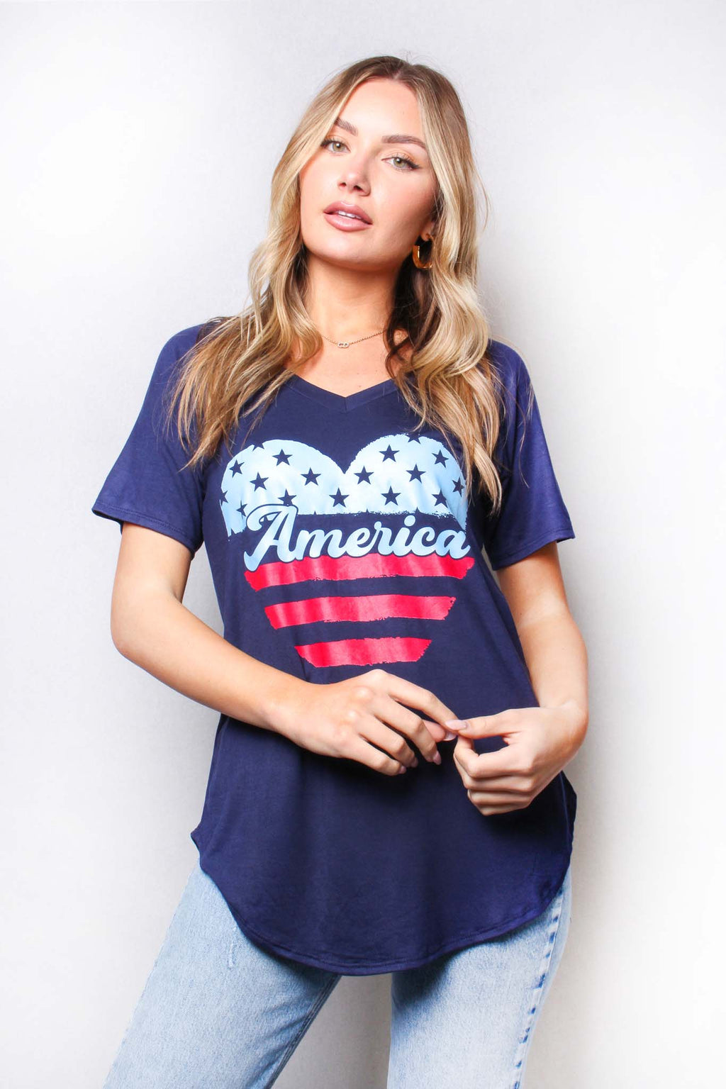 Women's V Neck with "Heart America" Print Flowy Tee