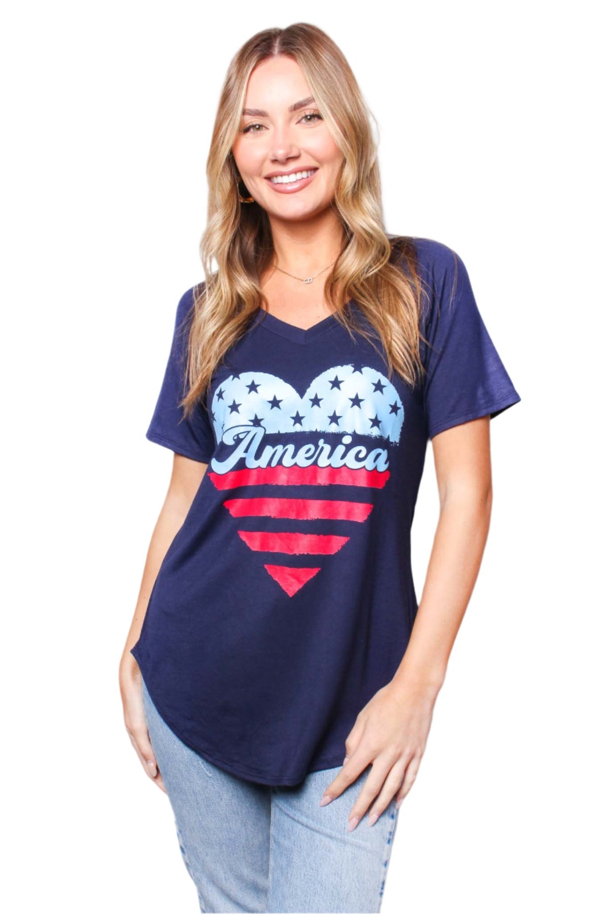 Women's V Neck with "Heart America" Print Flowy Tee
