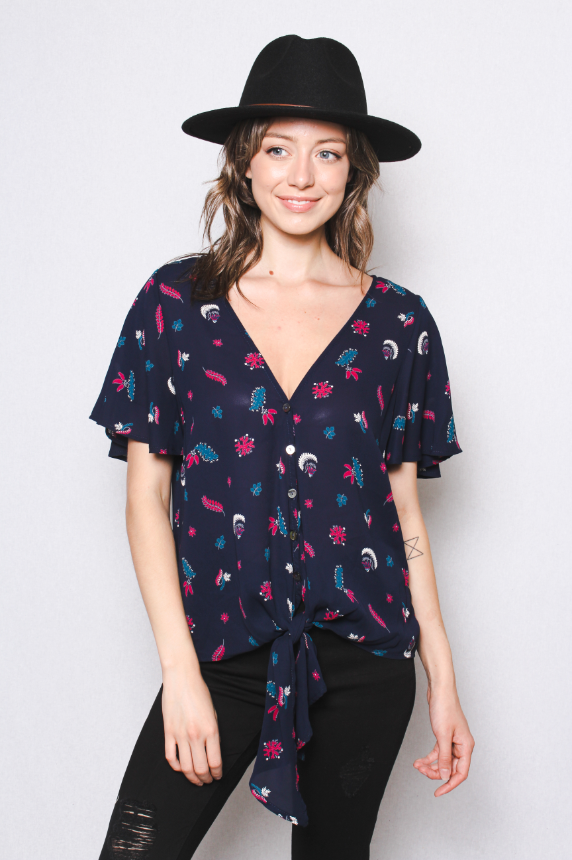 Women's Paisley Print Wool Dobby Short Sleeve V Neck Front Tie Top