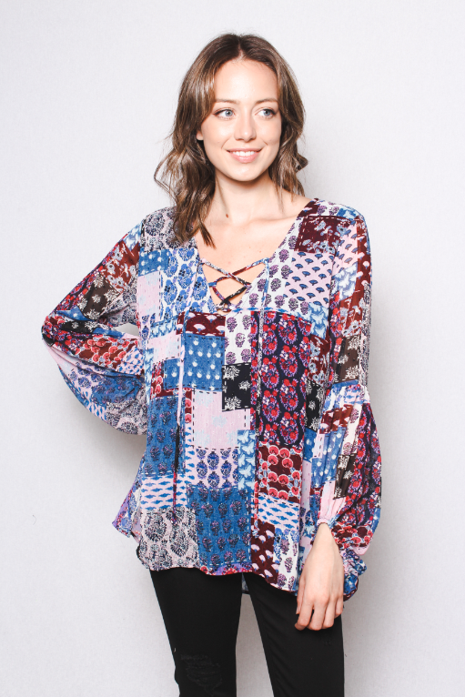 Women's Long Puff Sleeve Woven Chiffon with Dot Laced Up Top