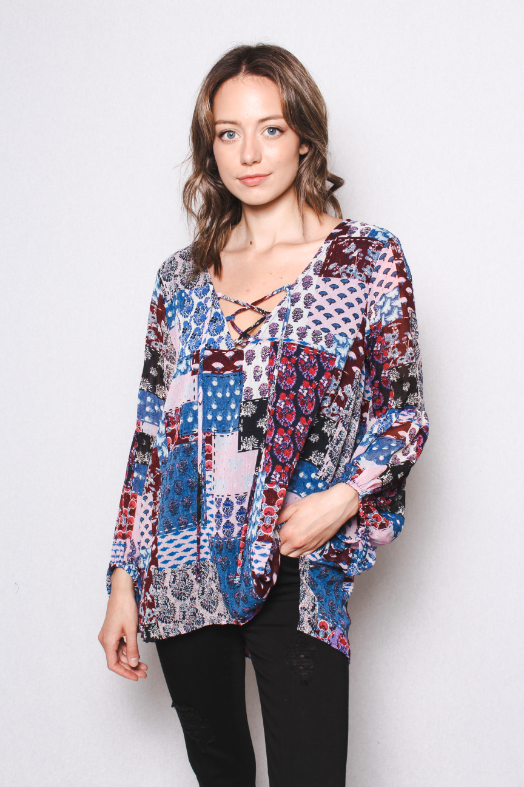 Women's Long Puff Sleeve Woven Chiffon with Dot Laced Up Top