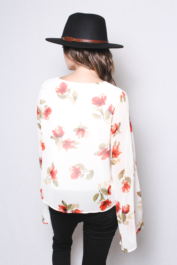 Women's Floral Print V Neck Long Sleeve Chiffon Top