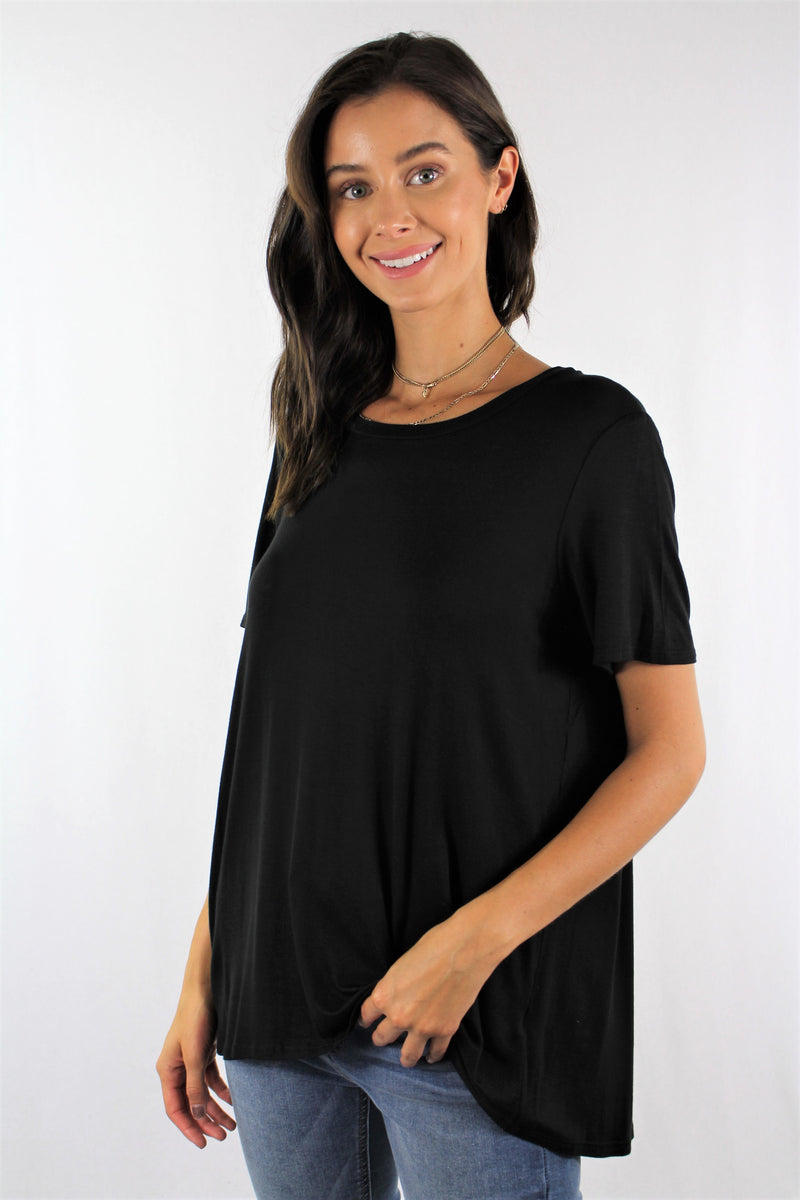 Short Sleeve Round Neck Top with Pleated Back