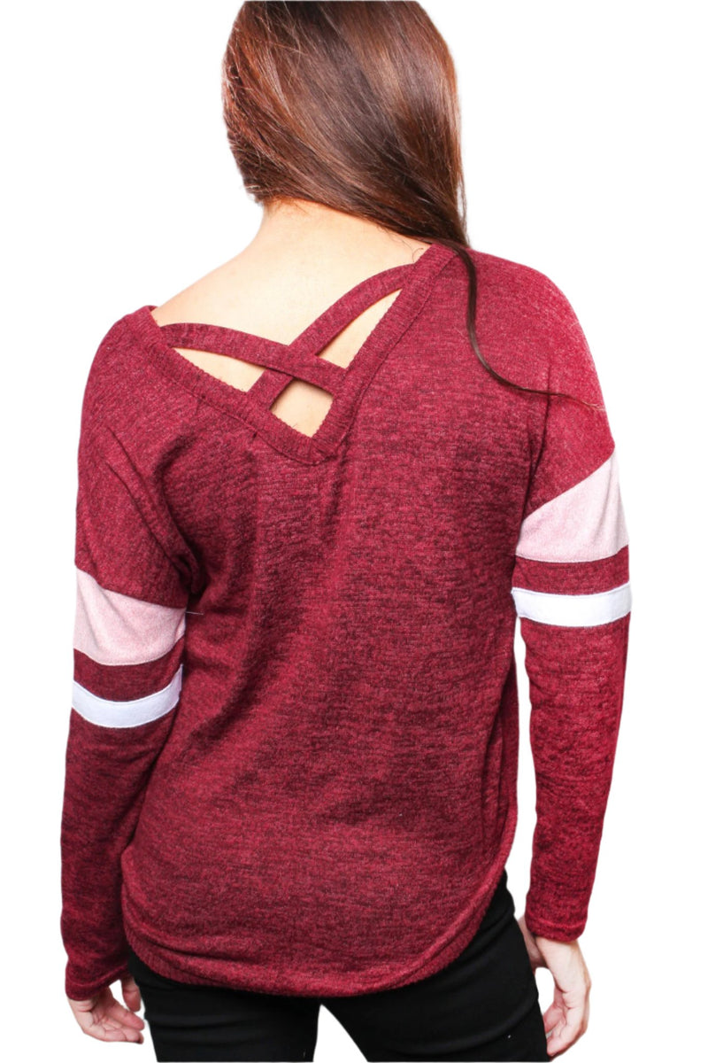 Women's Criss Cross Back Long Sleeve Striped Top