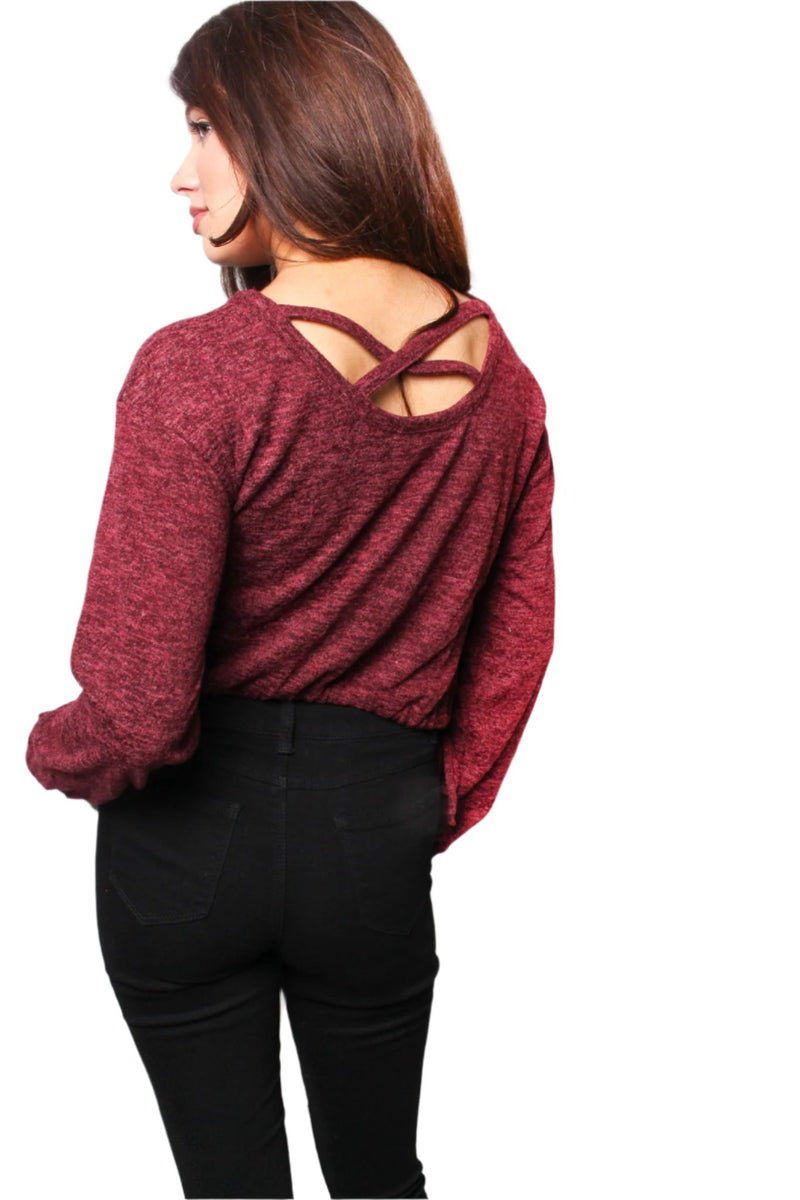 Women's Drawstring Criss Cross Back Long Sleeve Top