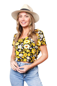 Women's Short Sleeve Scoop Neck Floral Print Crop Top