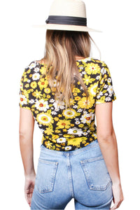 Women's Short Sleeve Scoop Neck Floral Print Crop Top