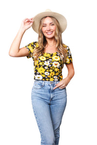 Women's Short Sleeve Scoop Neck Floral Print Crop Top