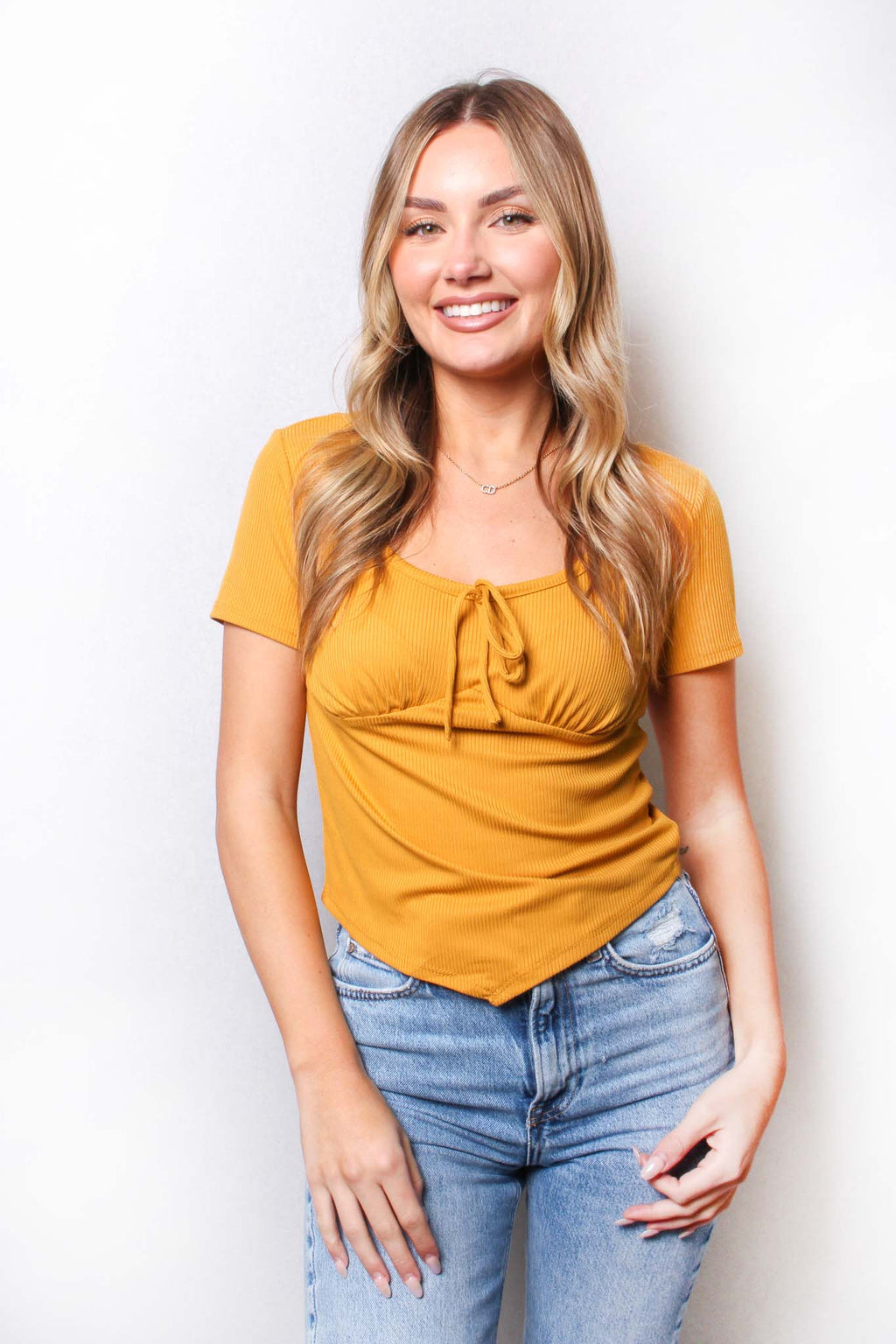 Women's Short Sleeve Scoop Neck Drawstring Ribbed Top