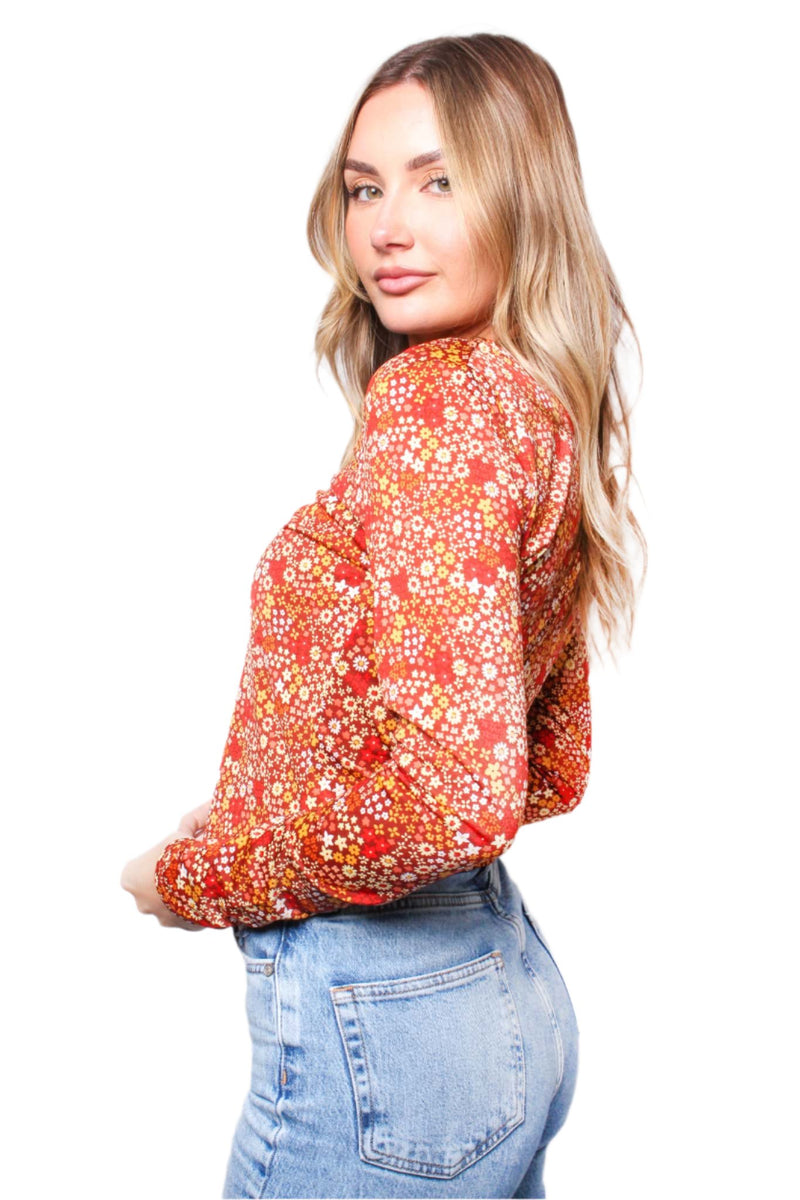 Women's Long Sleeve Crisscross Front Floral Print Top