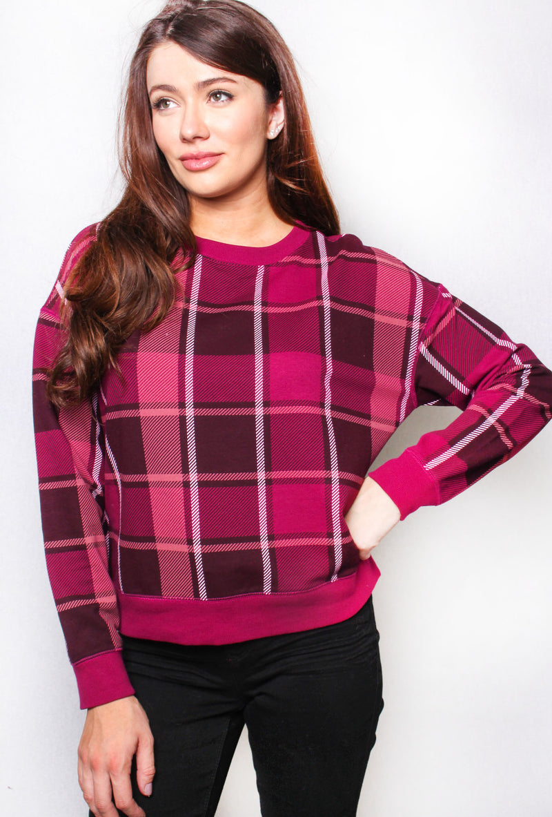 Women's Round Neck Long Sleeve Checkered Sweater