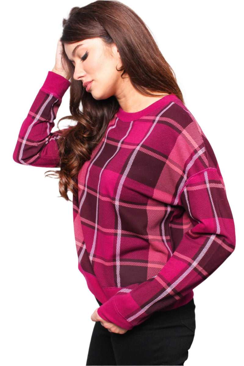 Women's Round Neck Long Sleeve Checkered Sweater