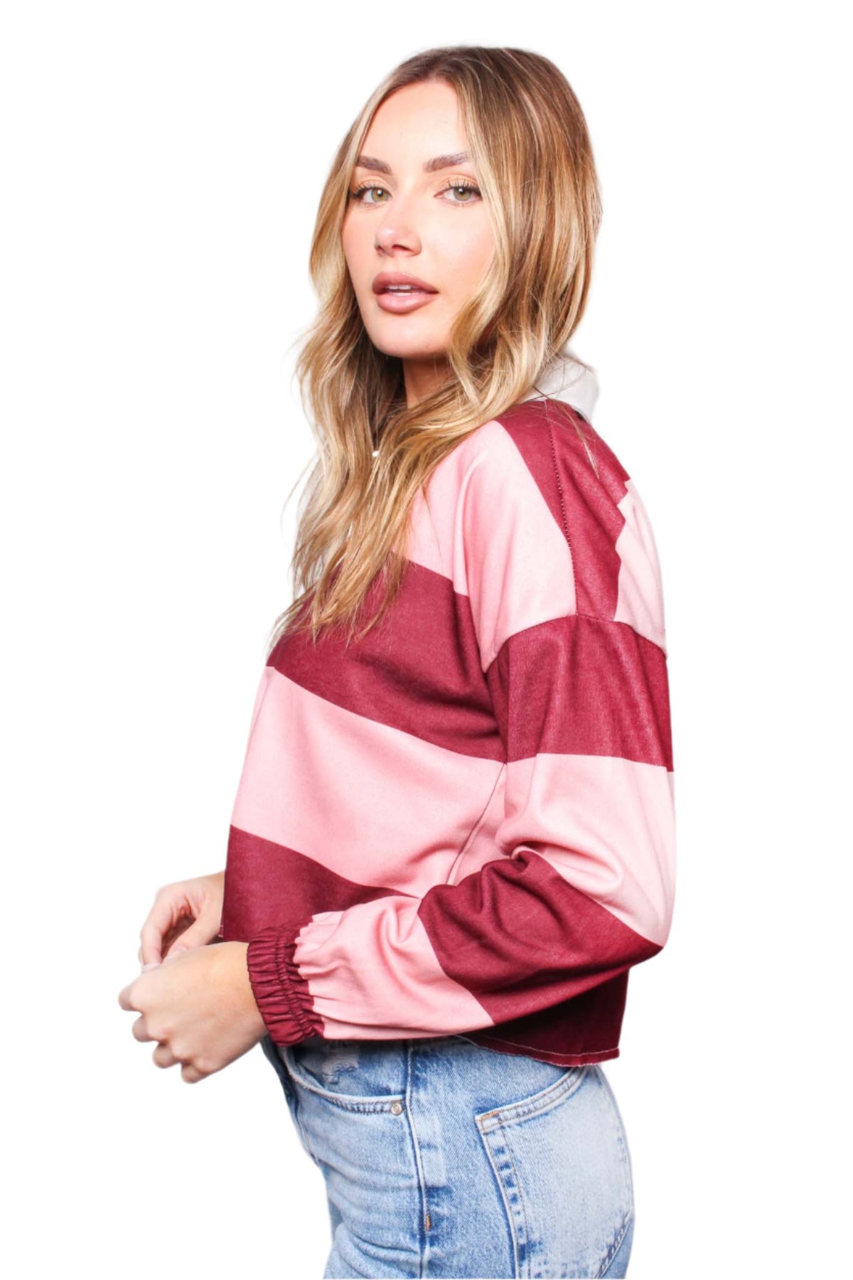 Women's Long Sleeve Johnny Collar Striped Top