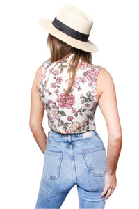 Women's Sleeveless Drawstring Cutout Floral Print Crop Top