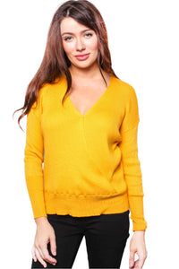 Women's Solid Long Sleeve V Neck Knit Top