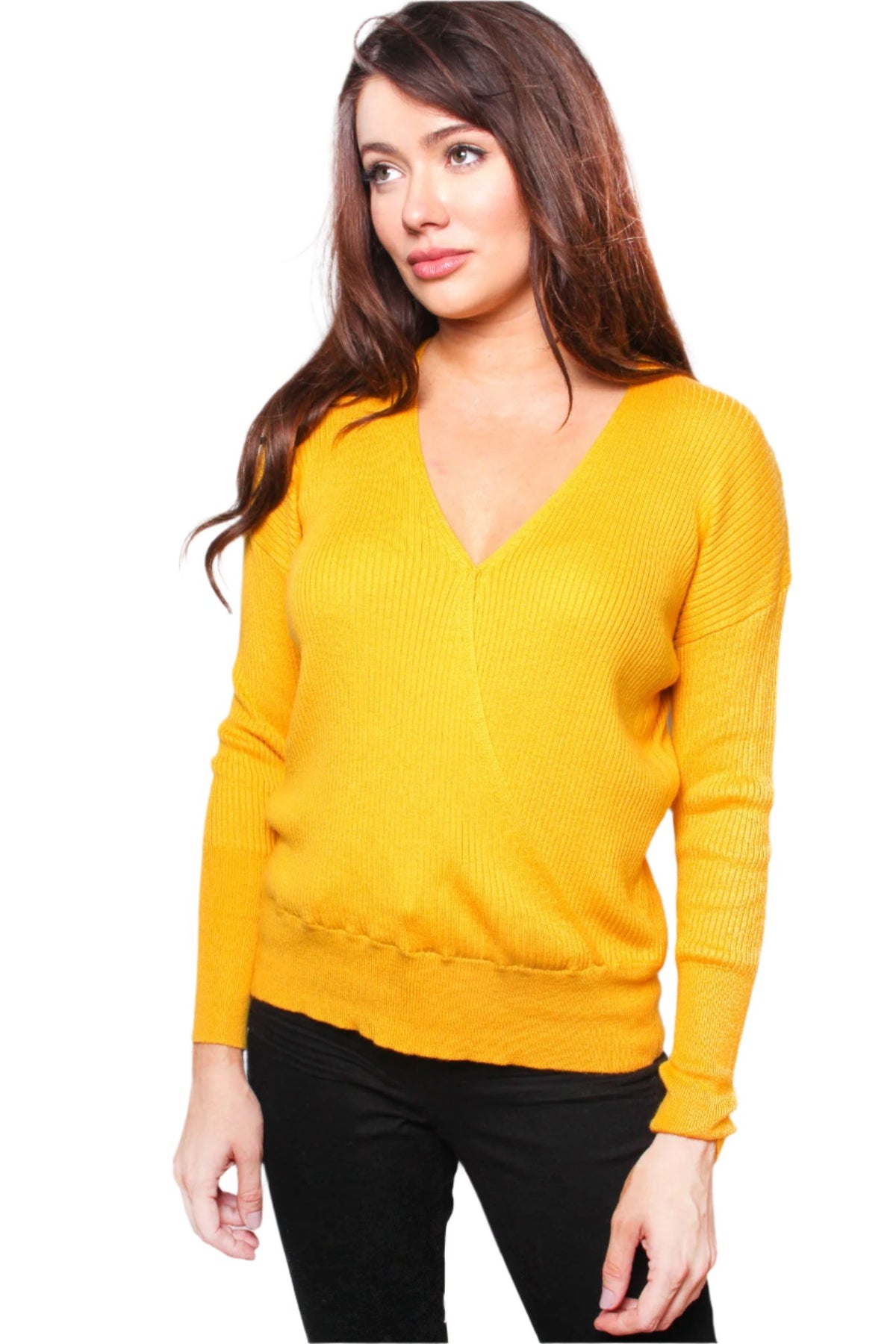 Women's Solid Long Sleeve V Neck Knit Top