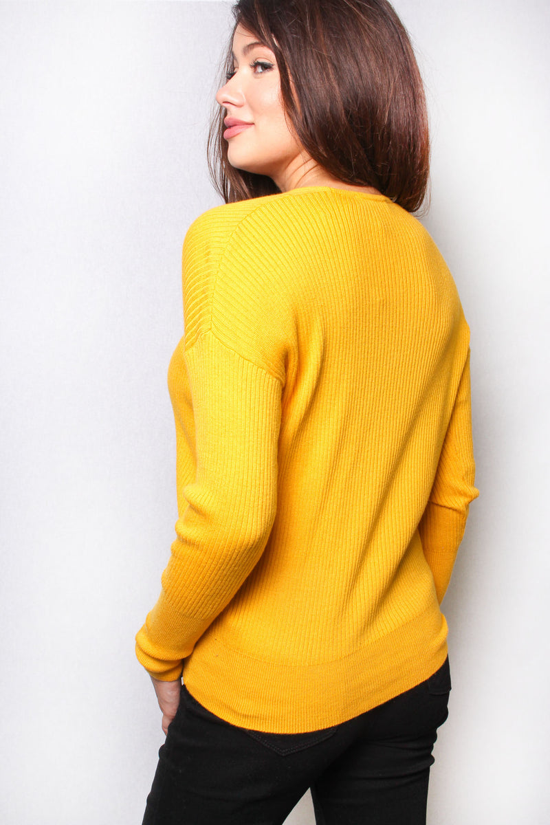 Women's Solid Long Sleeve V Neck Knit Top