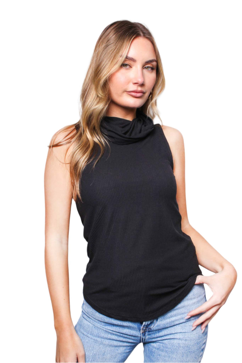 Women's Sleeveless Ribbed Turtleneck with Face Mask