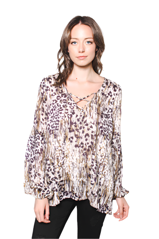 Women's Long Sleeve Laced Up Woven Rayon Challis with Lurex Leopard Printed Top with Lining