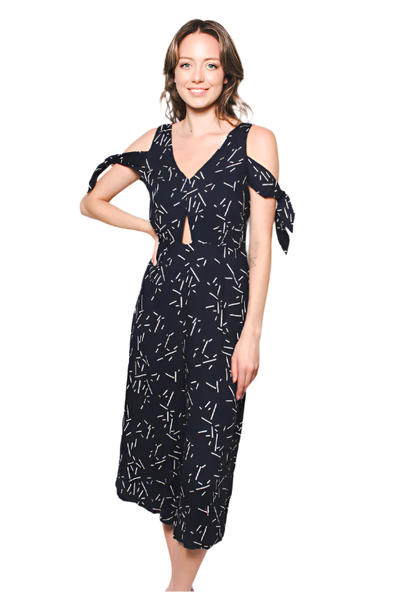 Women's Line Print V Neck Jumpsuit with Cut Outs