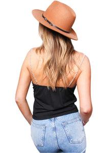 Women's Sleeveless Pearl Spaghetti Strap Ribbed Cami Top