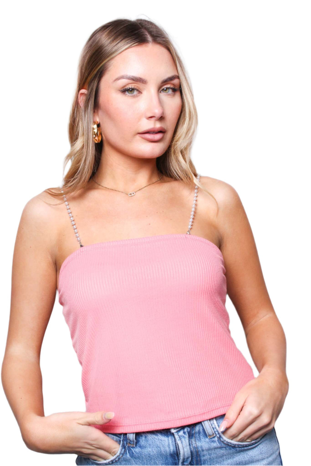 Women's Sleeveless Pearl Spaghetti Strap Ribbed Cami Top