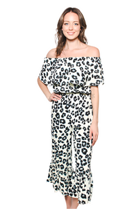 Women's Off Shoulder Leopard Print Knee Length Romper with Front Detail