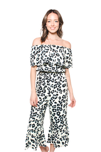 Women's Off Shoulder Leopard Print Knee Length Romper with Front Detail