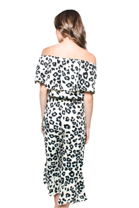 Women's Off Shoulder Leopard Print Knee Length Romper with Front Detail