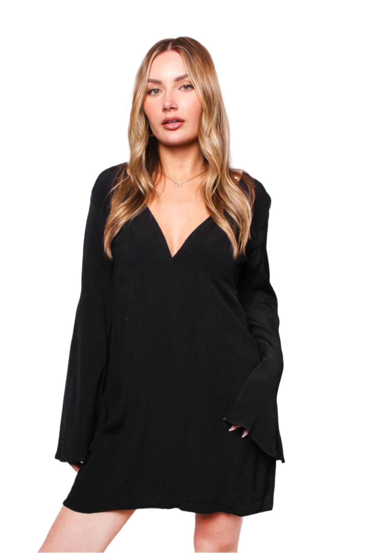 Women's Long Sleeve Deep V Neck Crochet Back Dress