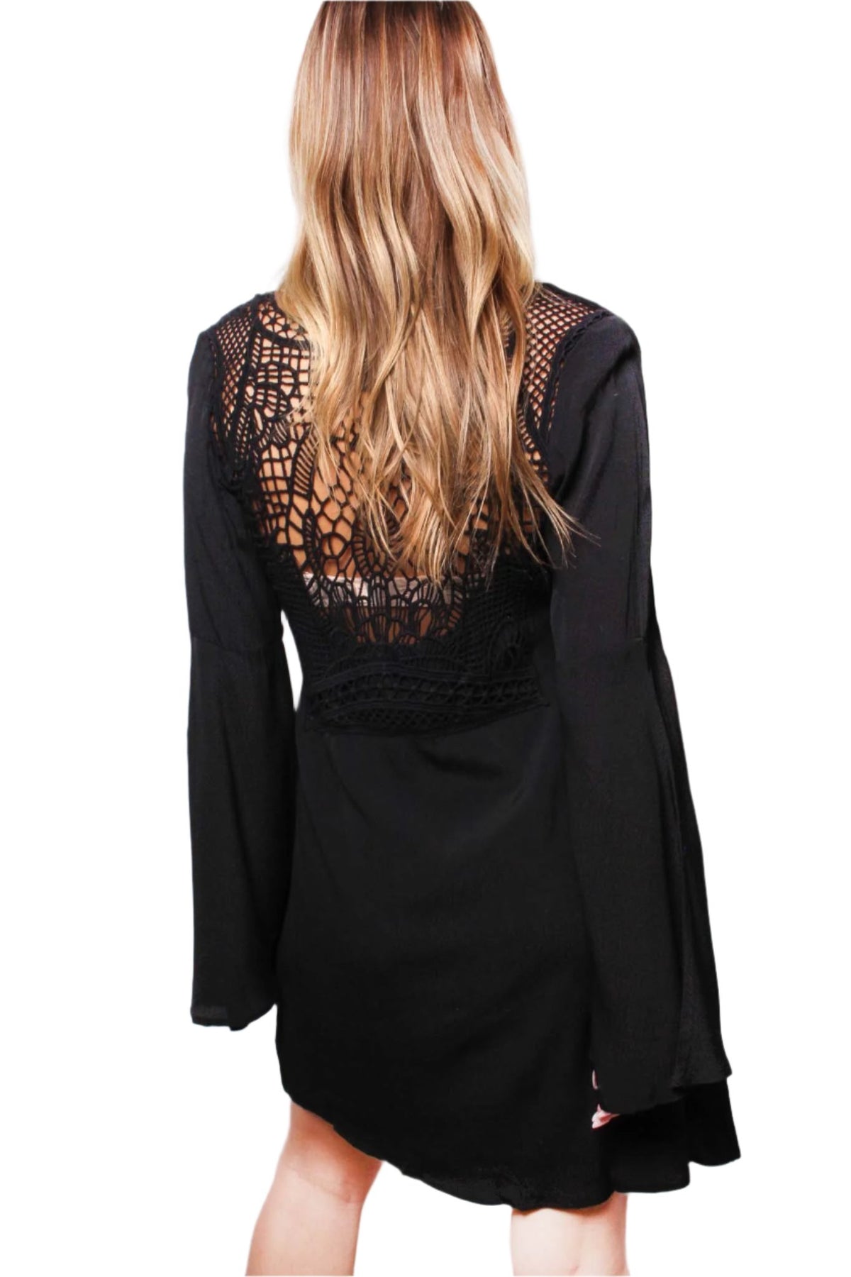 Women's Long Sleeve Deep V Neck Crochet Back Dress