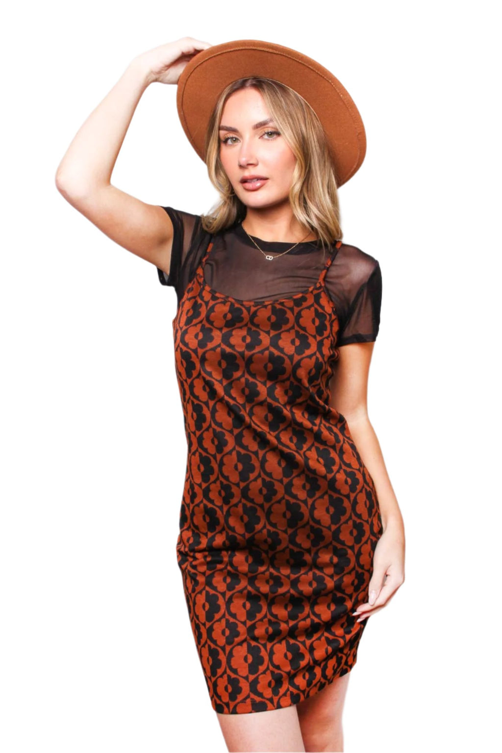 Women's Sleeveless Printed Dress with Short Sleeve Mesh Top